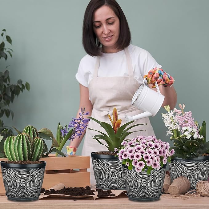 Quarut 12 Inch 4 Pack Large Plant Pots, Plastic Flower Pot for Indoor & Outdoor with Drainage Holes & Saucer, Circle Pattern Planters Garden Pots for Herbs-Ruum Studio Home