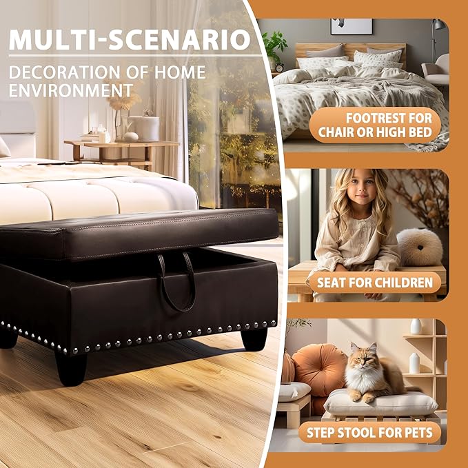 Ottoman Rectangular Storage Ottoman Bench, Faux Leather Footrest, Coffee Table, Stool Footstool with Hinged Lid for Living Room, Bedroom, Entryway, Brown, 28.5"x19"x17.5"-Ruum Studio Home