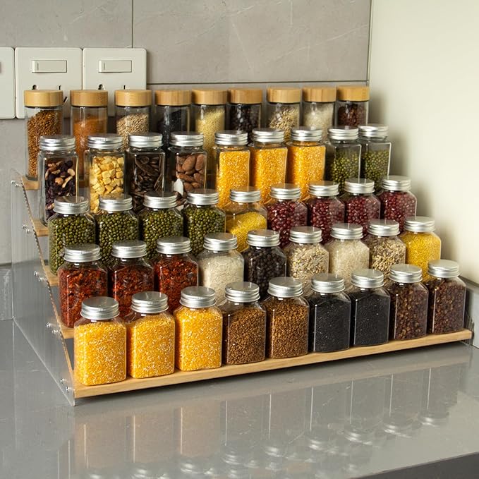 nianfeng Tiered Spice Rack, 5-Tier Spice Pantry Kitchen Cabinet Organizer, 19.9-Inch, Natural Wood Acrylic Stair Riser Stand, Countertop Seasoning Shelf-Ruum Studio Home