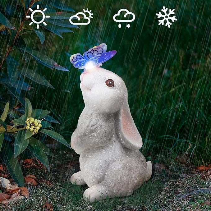 Garden Statue Outdoor Decor-Rabbit with Solar Butterfly Changing Lights Garden Statues,Bunny Statue for Patio,Balcony,Yard,Lawn Ornament,Gardening Gifts for Mom Grandma-Ruum Studio Home
