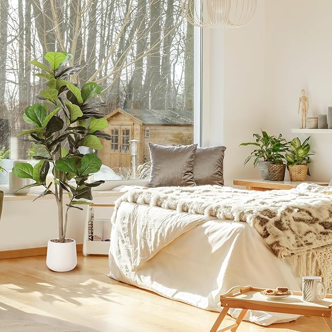 Artificial Fiddle Leaf Tree, 5ft Faux Plant Fake Ficus Lyrata Silk Trees with White Planter, Artificial Fig Trees Floor Plants for House Office Living Room Indoor Home Decor, Housewarming Gift-Ruum Studio Home