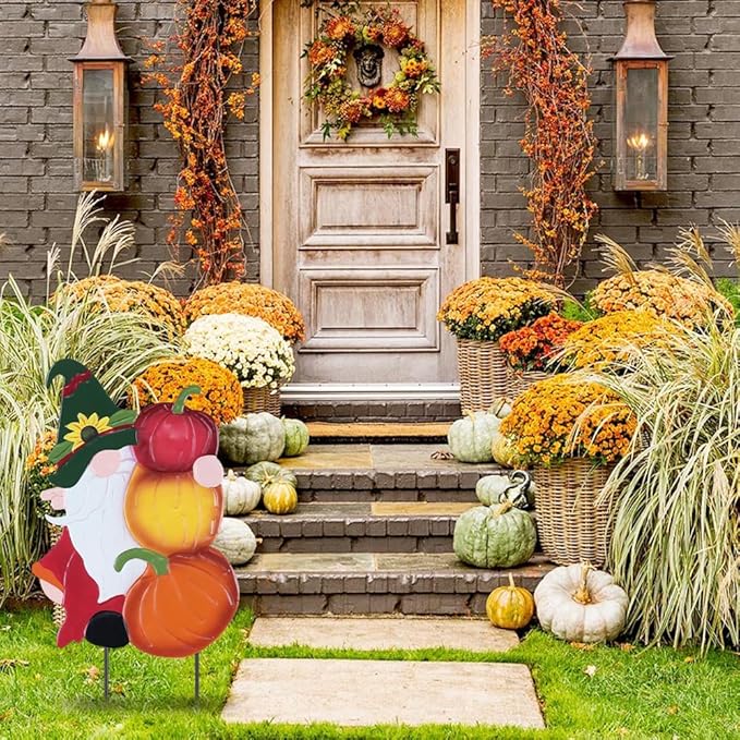 YEAHOME Fall Decorations Outdoor, Metal Gnome with Pumpkin Decorative Garden Stakes for Fall Decor, Autumn Yard Signs for Home Outside Garden Lawn Porch, Thanksgiving Decorations Outdoor (YHMD-476)-Ruum Studio Home