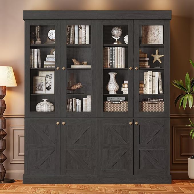 Vyre 71" Tall Farmhouse Bookshelves with Glass Doors, Set of 2 – Large Modular Bookcase with Adjustable Shelves, Storage Cabinet for Living Room, Kitchen, Home Office, Black-Ruum Studio Home
