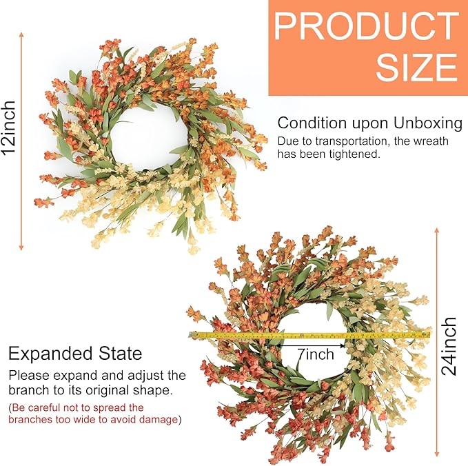 Artgar Fall Wreath, Fall Wreaths for Front Door, 24 in Fall Decor Floral Wreath, Door Wreaths for Front Door Outside All Season for Thanksgiving Home Indoor Outdoor Wall Decor (White&Orange)-Ruum Studio Home