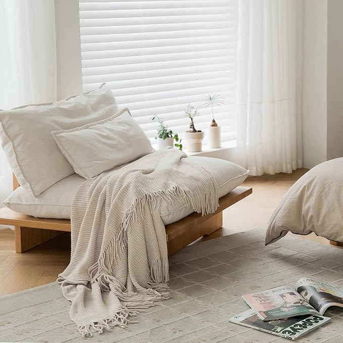 lifein Throw Blanket for Couch, Soft Boho Decor Bed Throw,Cozy White Chenille Knitted Small Farmhouse Lightweight Throw for Spring(White/Cream,50 * 60")-Ruum Studio Home