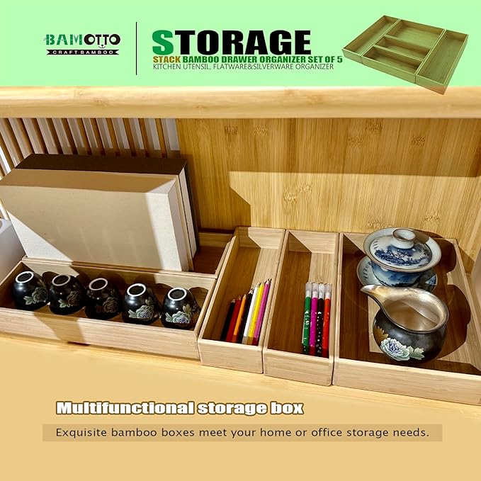 Stack Bamboo Drawer Organizer Set of 5, Kitchen Utensil, Flatware&Silverware Organizer-Wood Laminated Stackable for Kitchen, Bedroom, 13.4''x4.5''*2+10.2''x3.3''*2+10.2''x6.7''*1-Ruum Studio Home