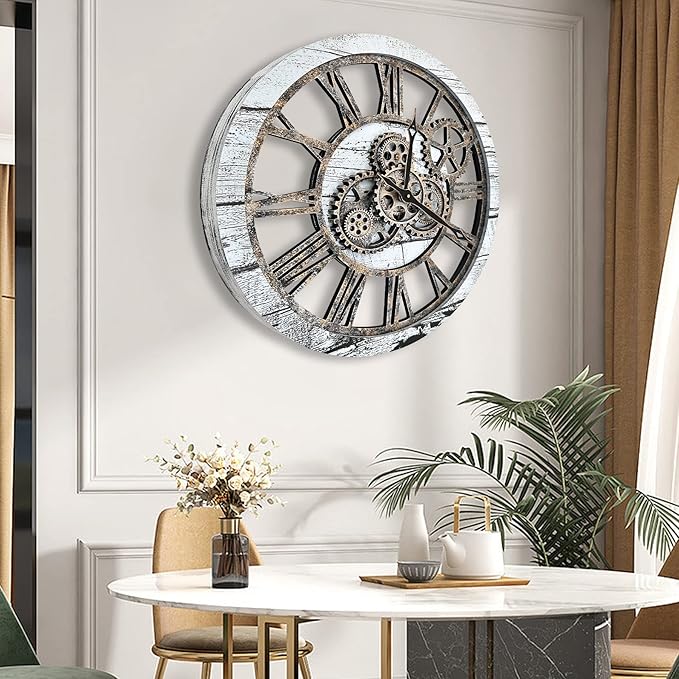 The B-Style Large Wall Clock 24 inch Moving Gear Wall Clock Oversized Vintage Farmhouse Wall Clocks for Living Room Decor Rustic Industrial Wood Clock (Gray and White)-Ruum Studio Home