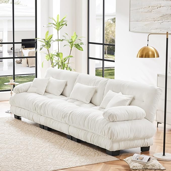 Modular Sectional Sofa Cloud Couch 3-Seater Deep Seat Sofa Couch, Oversized Couch Bed Sectional Couch with Round Bolster Armrests 5 Pillows, Modern Sofa Chair Comfy Couch(White)-Ruum Studio Home