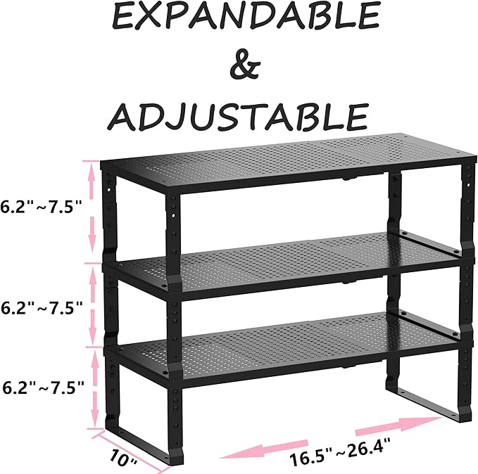 Metal Stackable Expandable Storage Shelf - Multi-Functional Home Storage Shelf, Suitable for Kitchen, Cabinet，Bathroom, Office, Garage, etc.（3PACKS/Black/Large-Ruum Studio Home
