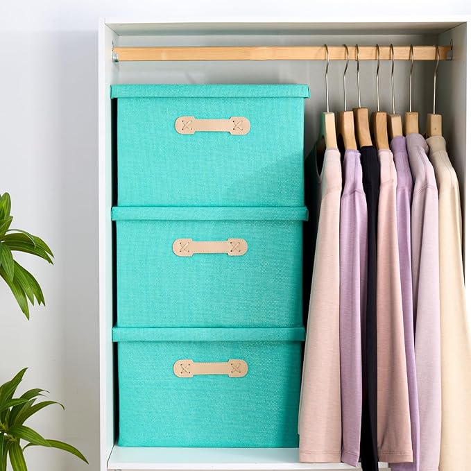 Enzk&Unity Decorative Storage Bins with Lids, Fabric Linen Foldable Storage Box with Handle Home Organizer for Shelf, Closet, Bedroom, Living Room, Office, 3 Packs, Teal-Ruum Studio Home