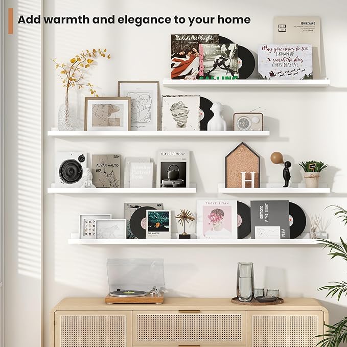 Fun Memories Picture Ledge Shelves Set of 2, 55 Inch Rustic Wall Mounted Floating Shelves with Lip for Home Storage and Décor in Bathroom, Kitchen, Nursery, Bedroom, Living Room, White-Ruum Studio Home