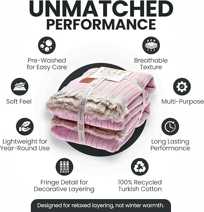 Gold Case Throw Blanket for Couch – 100% Recycled Turkish Cotton Blankets & Throws – Elegant Decorative Throw Blankets for Living Room Sofa – Woven Throws for Couch – Vintage Pink – 50x60 (Set of 2)-Ruum Studio Home