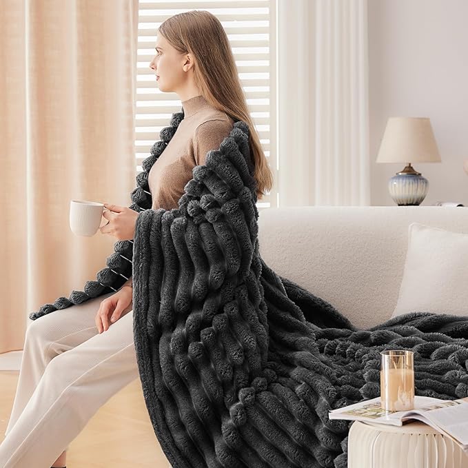 NEWCOSPLAY Super Soft Throw Blanket Grey Premium Silky Flannel Fleece 3D Ribbed Jacquard Lightweight Bed Blanket All Season Use (Grey Ribbed, Throw(50"x60"))-Ruum Studio Home