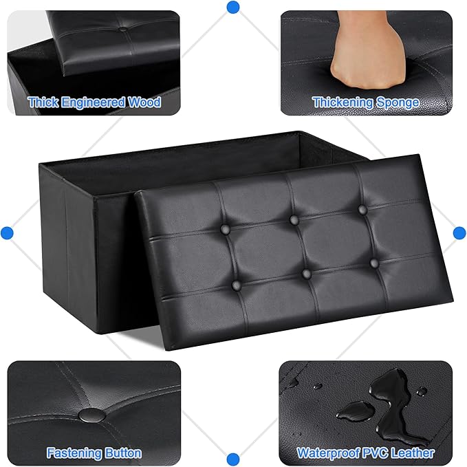 SUPER DEAL 30 inches Folding Ottoman with Storage, Bedroom Footrest Bench, Rectangle Sotrage Chest for Living Room Entryway, 30"x15"x15", 85L, Faux Leather, Black-Ruum Studio Home