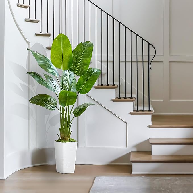 Lifelike Bird of Paradise Silk Artificial Plant Faux Banana Leaf Tree for Home Decor - Perfect Indoor Floor Plant with 9 Trunks (1, White Tall Planter, 5 FT)-Ruum Studio Home