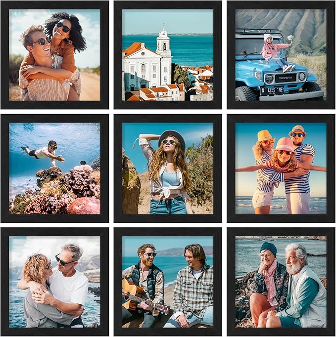 Vittanly 8x8 Picture Frames Set of 9, Shatter Resistant Plexiglass, Display 4x4 Pictures with Mat or 8x8 without Mat, Photo Frames for Wall Mount, Engineered Wood, Black-Ruum Studio Home