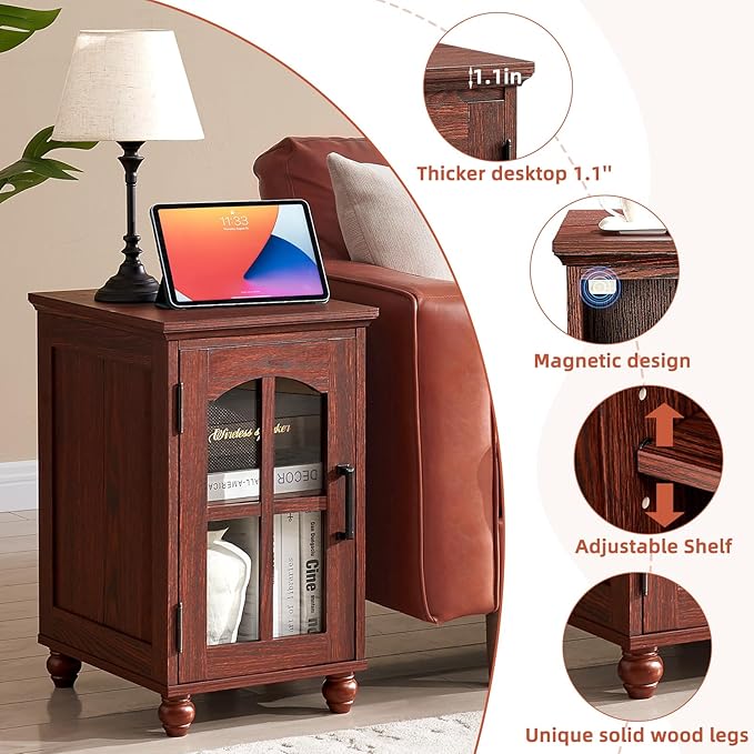Narrow Side Table Set of 2,Farmhouse Nightstand with Charging Station,End Table with Glass Barn Door Storage, Cabinet Organizer with Adjustable Shelf, Night Stand for Small Spaces Living Room Bedroom-Ruum Studio Home