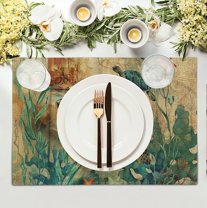 Sea Turtle Placemats Set of 4 Summer Beach Seasonal Linen Table Mats 12x18 Inch Vintage Ocean Animal Heat Resistant Washable Non-Slip Place Mats for Party Kitchen Dining Decoration-Ruum Studio Home