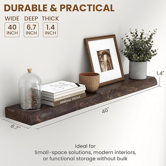 Fun Memories 40" Floating Shelves for Wall, Live Edge Solid Elm Wood Floating Shelf with Invisible Bracket, Wall Mounted Display Wooden Shelves for Bathroom, Kitchen, Bedroom, Walnut Color, Set of 1-Ruum Studio Home