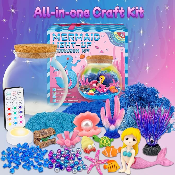 Mermaid Terrarium Craft Kit for Kids - LED Night Light Up & Remote Mermaid Birthday Gifts Toys for Girls Age 5 6 7 8 9 10 11 12 Year Old-Ruum Studio Home
