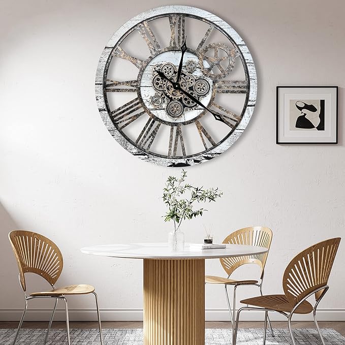 The B-Style Large Real Moving Gears Wall Clock 30 inch Rustic Retro Industrial Farmhouse Wood Clock Oversized Decorative Vintage Wall Clocks for Living Room (Silver Gray)-Ruum Studio Home