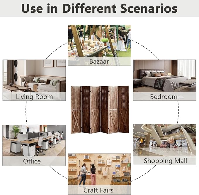 6 Panel Pegboard Room Divider, 5.6Ft Pegboard Display Folding Privacy Screens, Wood Room Divider Peg Board Display Freestanding for Trade Show Craft Show Home Wall Organizer, Brown-Ruum Studio Home