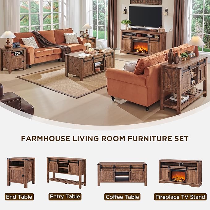 OKD Nightstand with Charging Station Set of 2, 18 Inchs Farmhouse End Table with Adjustable Storage Shelf, Rustic Wood Sofa Side Table for Living Room, Bedroom-Ruum Studio Home