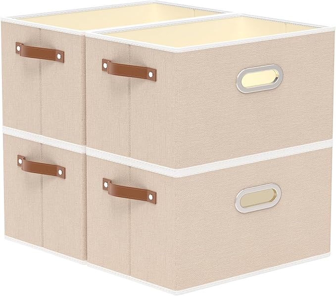Yawinhe Fabric Storage Bins with Handles, Foldable Baskets for Shelves, Cubes with 3 Handles, Large Boxes for Clothes, Beige, 16.9''Lx11.8''Wx10.2''H, 4-Pack-Ruum Studio Home