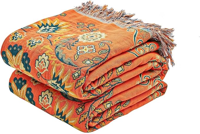 Boho Throw Blanket, 100% Cotton Ultra Soft Luxury Throw Rustic Quilt, 80"x90" Floral Printed Farmhouse Decor Bed Summer Blankets, All Season Rustic Reversible Bohemian Throw for Bed - Orange-Ruum Studio Home