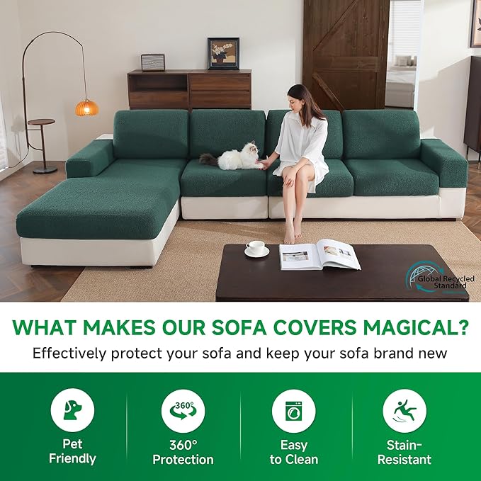Couch Cushion Covers for Sectional Sofa, Stretch Soft Sofa Slipcovers Washable Wear-Resistant Universal Furniture Protector for Living Room(3 Seaters Covers, Green)-Ruum Studio Home
