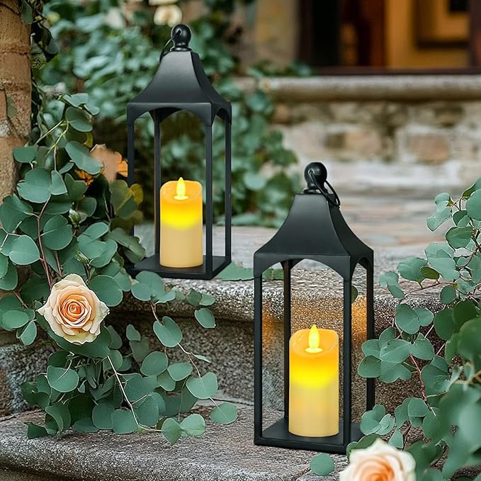 Eufrozy Lanterns Decorative Outdoor Indoor Set of 2 Black Metal Candle Lanterns with Flameless Candle, Modern Farmhouse Lantern Decor for Porch Patio Fireplace Mantle Kitchen Table Christmas Gifts-Ruum Studio Home