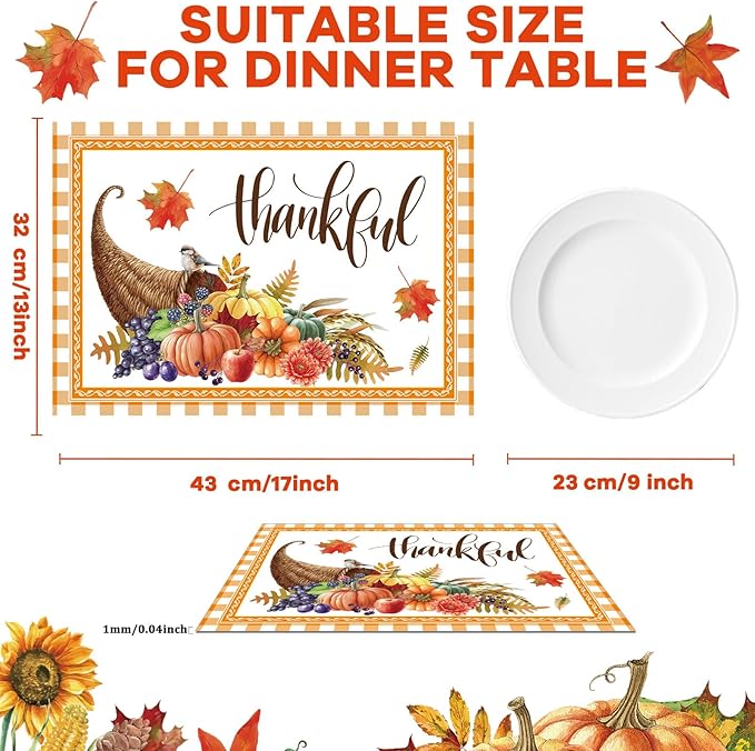 Thanksgiving Placemats Set of 6 Thanksgiving Day Plastic Table Mats Welcome Fall Place Mats Washable Vinyl Rustic Holiday Table Decoration for Indoor Outdoor Autumn Party Kitchen Dining-Ruum Studio Home
