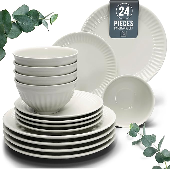 Stoneware Dinnerware Set for 8 People HYGGE 24-Piece - Elegant Scandi Design - Premium Dish Set - Bowl and Plate Set - Tableware for 8 People in a Ribbed Design - Pure Living in Beige-Ruum Studio Home
