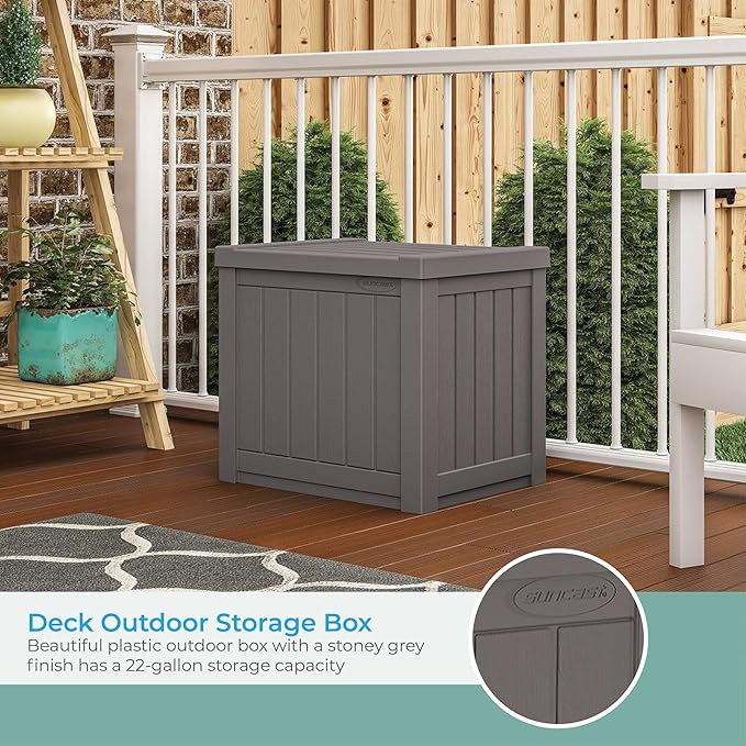 Suncast 22-Gallon Small Deck Box - Lightweight Resin Indoor/Outdoor Storage Container and Seat for Patio Cushions and Gardening Tools - Store Items on Patio, Garage, Yard - Stone Gray, Made in the USA-Ruum Studio Home