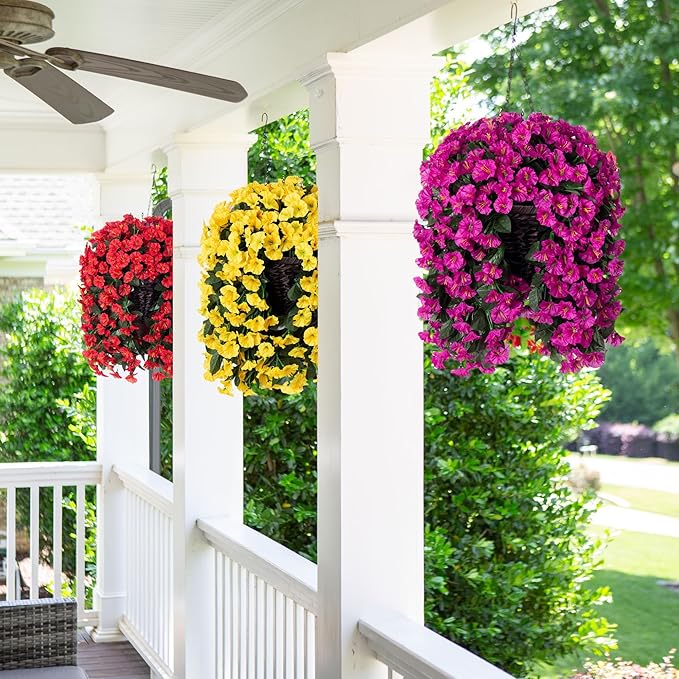Artificial Fake Hanging Flowers Plants Baskets for Outdoor Outside Decoration, Faux Silk UV Resistant Realistic Fuchsia Morning Glory Planter for Home Porch Patio Balcony Garden Yard-Ruum Studio Home