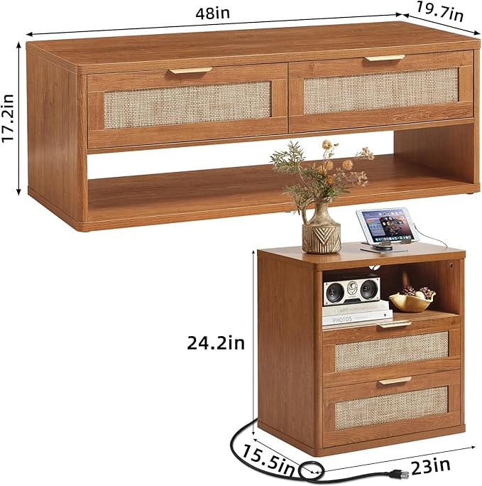 LEYAOYAO Boho Rattan Coffee Table and End Table Sets, 48" Wide Center Tables & 23" Night Stand with Charging Station Chest of Drawers, Brown Wood Coffee Table for Living Room 2 Piece Set-Ruum Studio Home