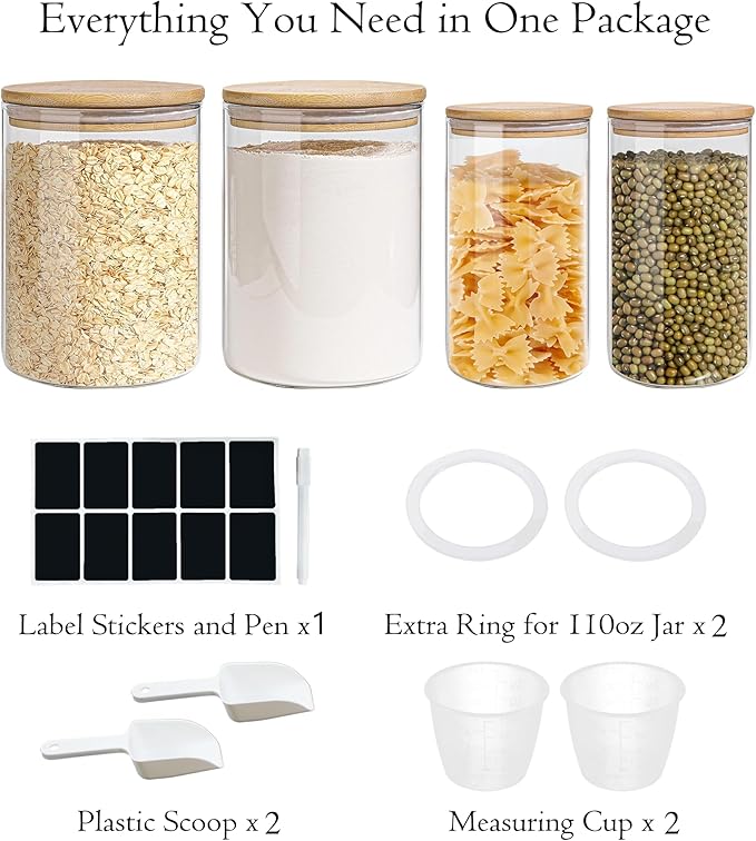 Glass Storage Jars Set Elegant Containers with Airtight Bamboo Lids, Perfect for Kitchen Organization - Flour, Rice, Pasta, Sugar, Coffee Beans (2 packs(37oz) / 2 packs(111oz))-Ruum Studio Home
