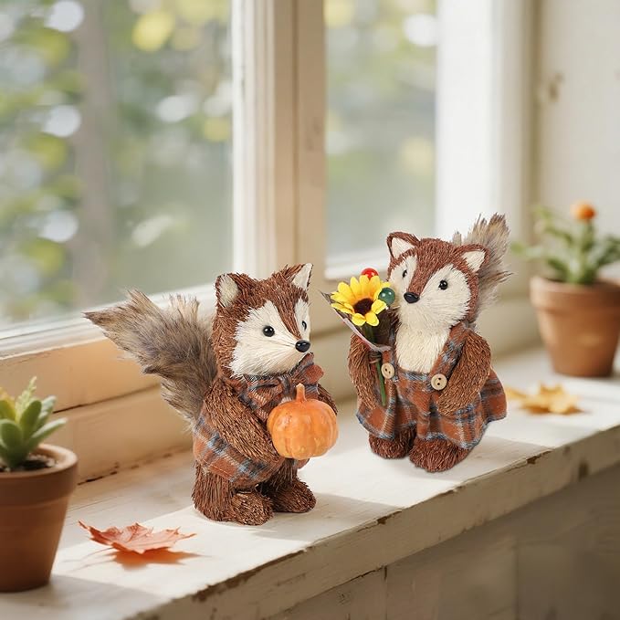 winemana 2 Pack Fall Decor Fox, Thanksgiving Decorations Indoor Sisal Foxes for Home Table Centerpiece Handmade Autumn Woodland Animal Friend Figurines with Pumpkin for Shelf Office Décor-Ruum Studio Home