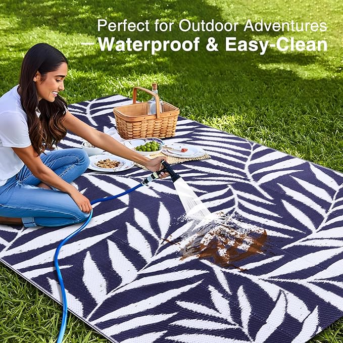 OLANLY Waterproof Outdoor Rug 5x8 ft, Reversible Outdoor Plastic Straw Rug with Leaf Pattern, RV Mat, Indoor Outdoor Carpet for Patio, Camping, Balcony, Deck, Backyard, Navy & White-Ruum Studio Home