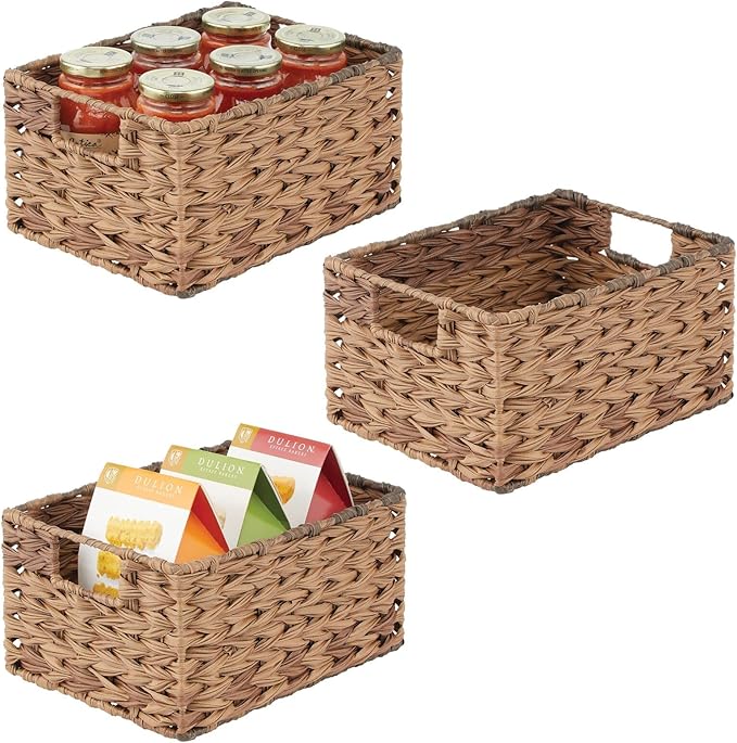 mDesign Woven Farmhouse Kitchen Pantry Food Storage Organizer Basket Bin Box - Container Organization for Cabinets, Cupboards, Shelves, Countertops - Store Potatoes, Onions, Fruit, 3 Pack, Brown Ombre-Ruum Studio Home