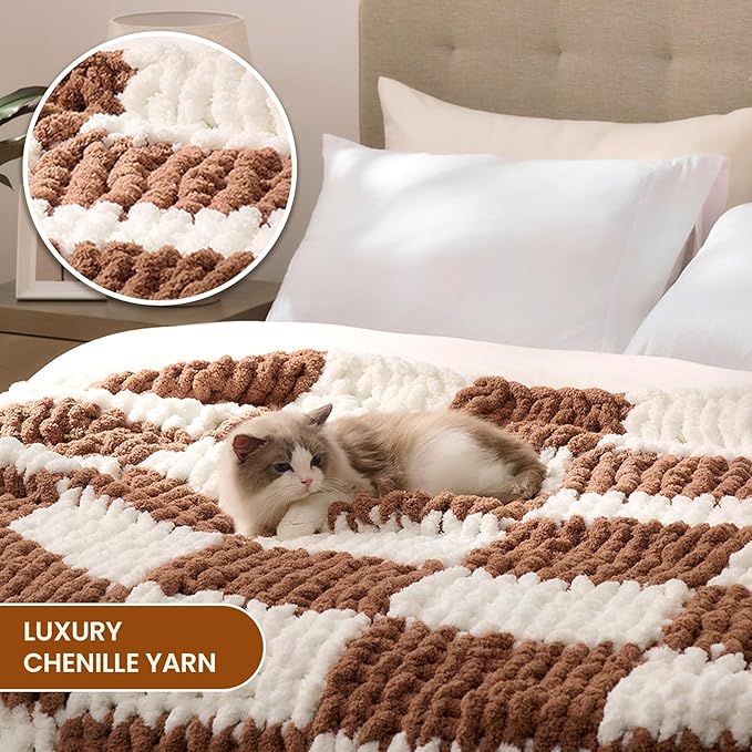 L'AGRATY Chunky Knit Blanket Throw: 50''x60'' Chenille Chunky Knitted Throw Blankets for Bed Couch - Handmade Thick Cable Knit Blanket - Large Crochet Rope Blankets for Home Decor(Brown Checkered)-Ruum Studio Home