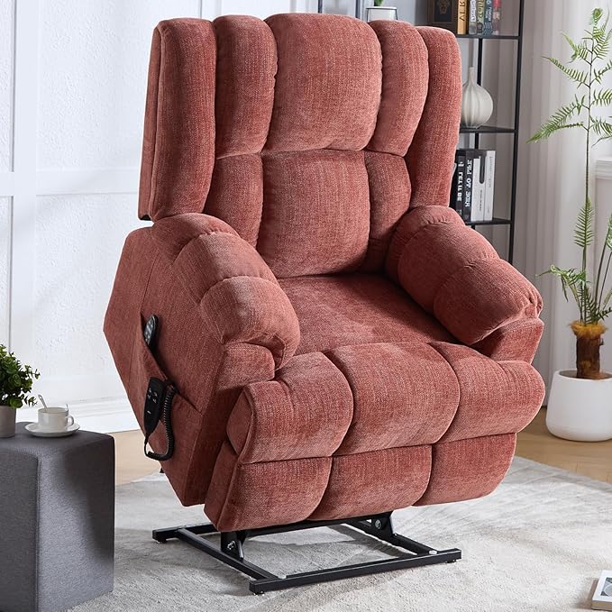Dual Motor Power Lift Recliner Chair with Massage and Heat for Elderly People, Infinite Position, Burgundy Recliner Chair, Chenille Fabric Lift Chair-Ruum Studio Home