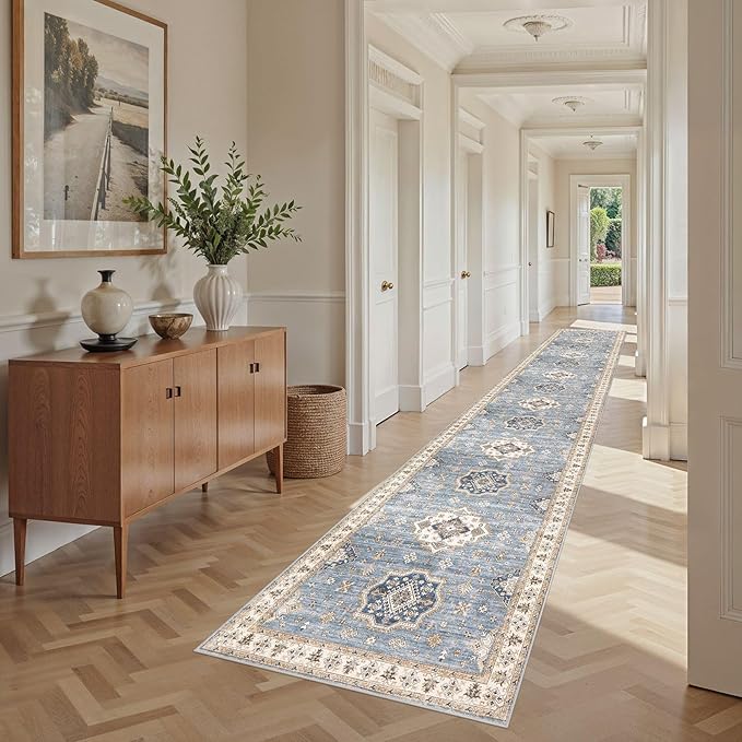 Washable 2.6x14 Runner Rug - Area Rugs Neutral Vintage Distressed Floral Farmhouse Boho Large Soft Floor Rug Indoor Carpet for Hallway Entryway Home - Blue-Ruum Studio Home