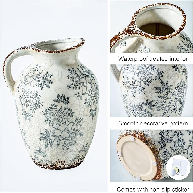 Enra Vintage vase with Handle,Blue and White Ceramic Decorative Flower vase, Chinoiserie Floral Vase,Large Rustic Vases for Home Decors, Living Room, Bookshelf, Office，9.7 inch-Ruum Studio Home