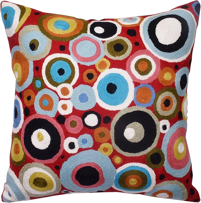 Red Polka Dots Pillow Cover | Reds Contemporary Pillows | Farmhouse Chair Cushion | Modern Outdoor Pillows | Red Throw Chair Pillow | Hand Embroidered Cushions Wool Size - 18x18-Ruum Studio Home