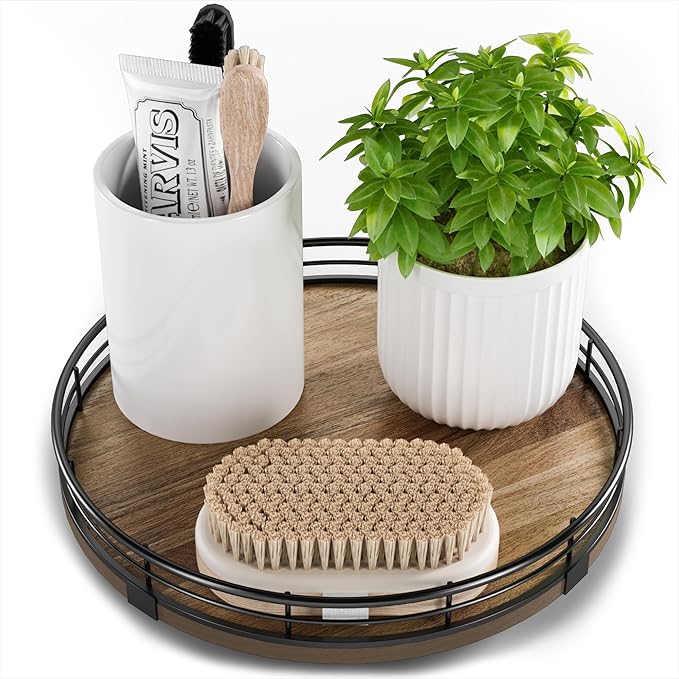 Acacia Wood 9" Bathroom Vanity Tray Turntable, Farmhouse Round Bathroom Countertop Organizer for Soap Perfume, Rotating Organizer for Kitchen Table Centerpieces, Decorative Trays for Coffee Table-Ruum Studio Home