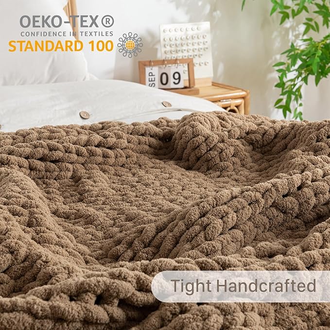 Chunky Knit Blanket Throw, 100% Hand Knit Throw Blanket Handmade Chenille Cable Knit Throw for Couch, Stylish Cozy Soft Rope Knot Crochet Blanket for Home Decor, Camel, 50x60 Inches-Ruum Studio Home
