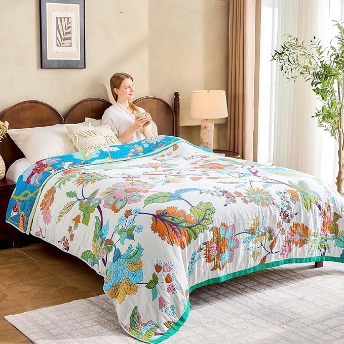 Summer Throw Blanket, 60"x80" Reversible Bohemian Flower Blanket, 100% Cotton Muslin Breathable Woven, Farmhouse Decorative Throw Blanket-Ruum Studio Home