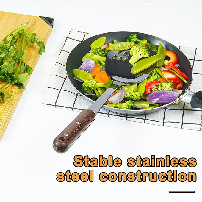 FJNATINH Stainless Steel Wok Spatula and Ladle Tool, Mirror Polished Cooking Utensils Set Metal Wok Accessories with Wooden Handle,Easy to Clean Kitchen Utensils,Black-Ruum Studio Home