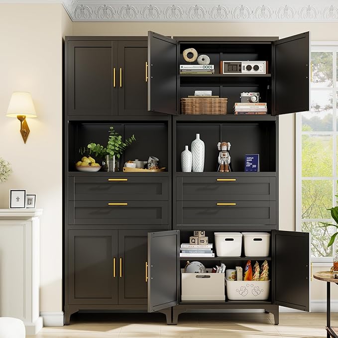 75” Tall Kitchen Pantry Storage Cabinet, Metal Storage Cabinet with 2 Drawers and Adjustable Shelves, Kitchen Pantry Cupboard, Freestanding Cupboard for Bathroom, Living Room(Black)-Ruum Studio Home